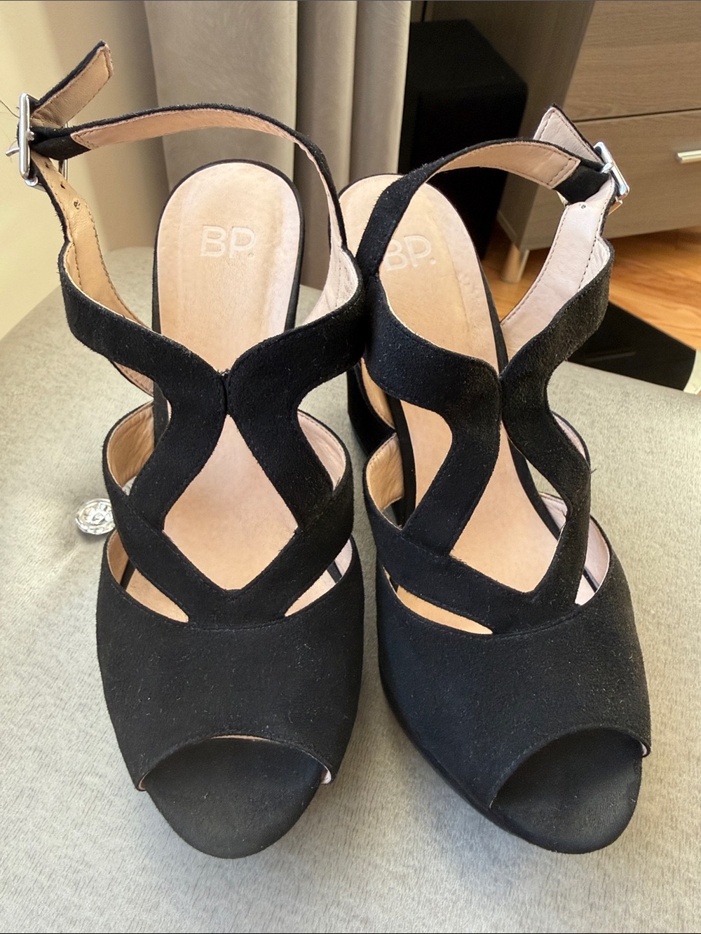 bp Black Suede Strappy Peep-Toe Heels